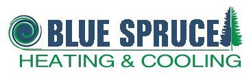 Blue Spruce Heating & Cooling logo with teal and navy text, spruce tree icon, and circular swirl emblem