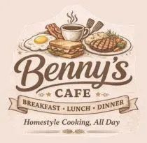 Benny&rsquo;s Cafe logo with breakfast, lunch, and dinner slogan, coffee and food illustration