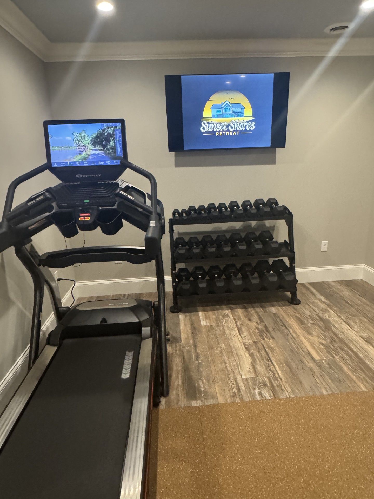 Home gym with treadmill, weights, and TV showing 