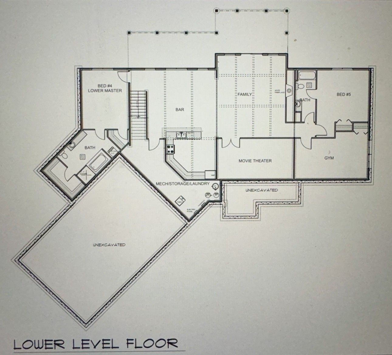 Lower level floor plan with rooms labeled: storage, bath, movie theater, etc.