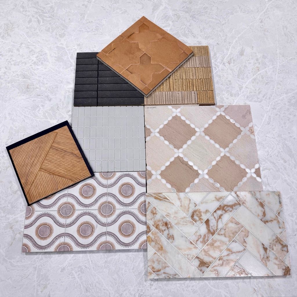 Assorted decorative floor and wall tiles in neutral beige, tan, white, and gray patterns