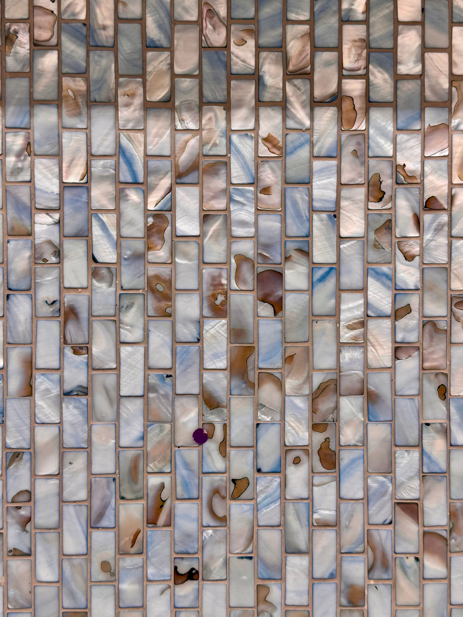 Vertical mosaic of small beige and gray tiles with a few brown and purple accents