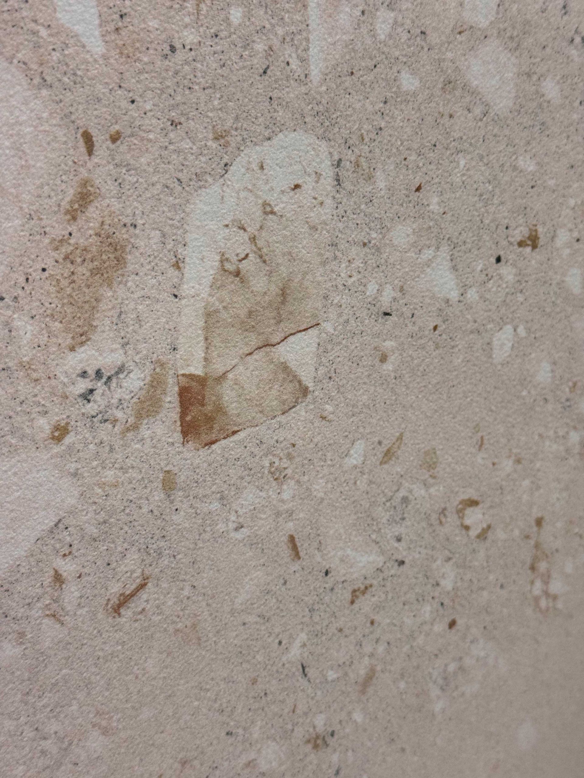 Close-up of a beige stone surface with a small chipped brown mark.