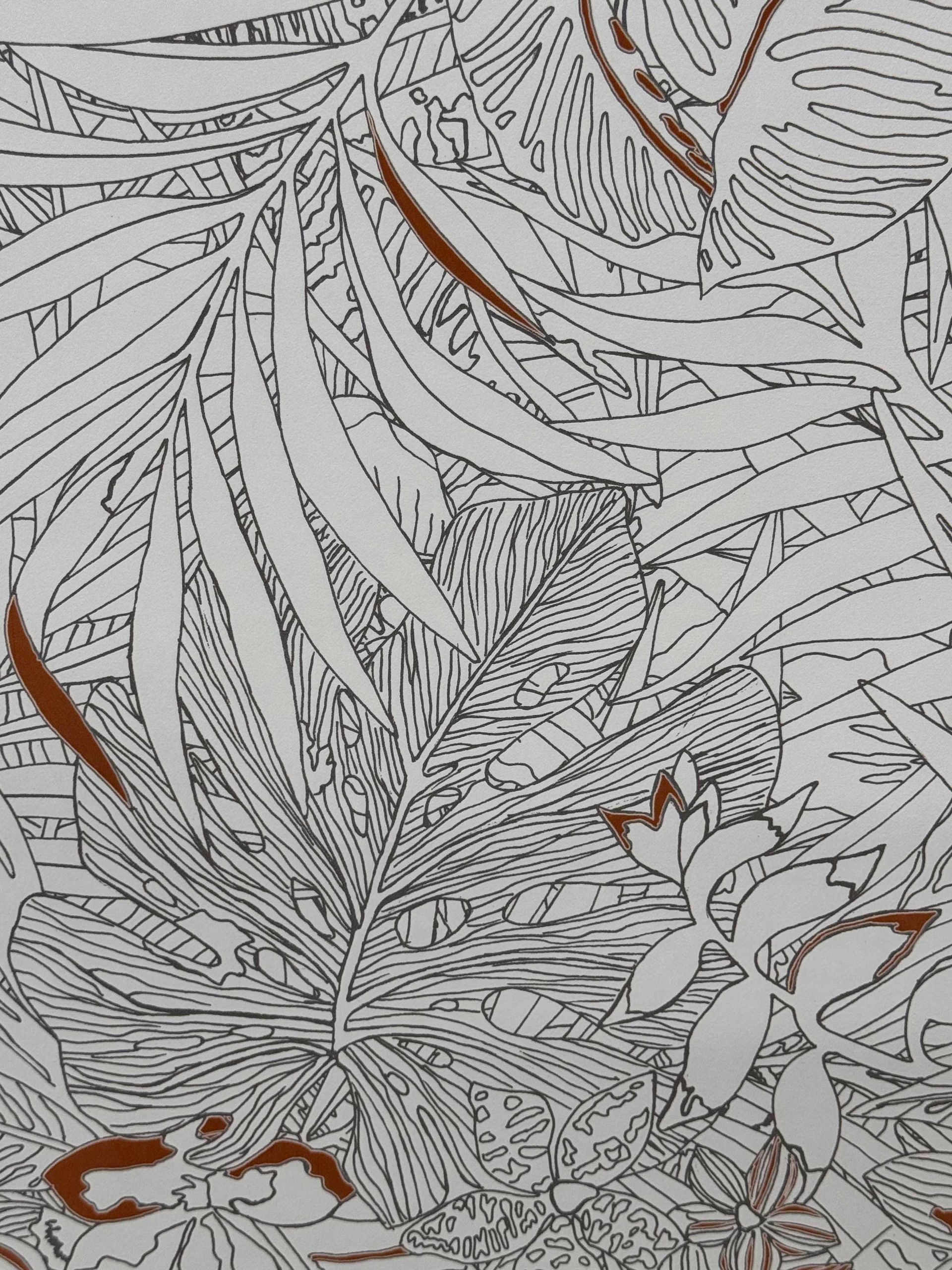 Black-and-white tropical leaf pattern with thin brown accents on a light background