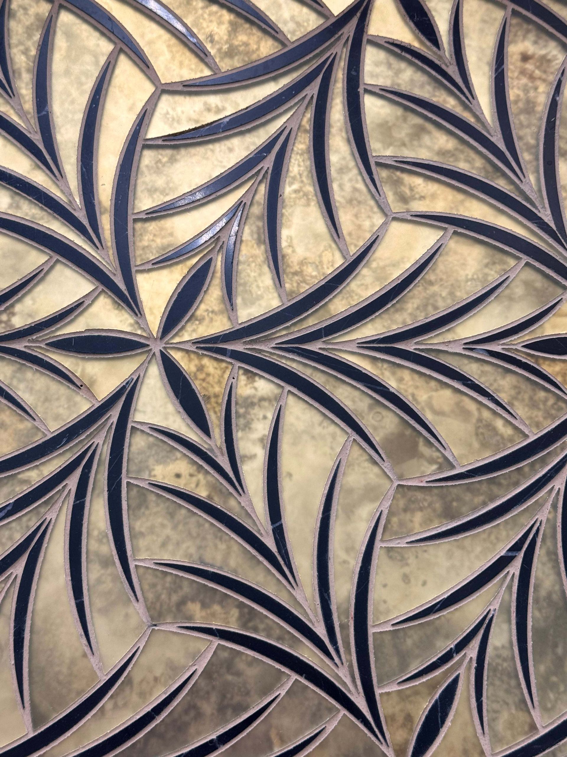 Abstract beige background with dark blue interwoven leaf-like swirls and curved lines