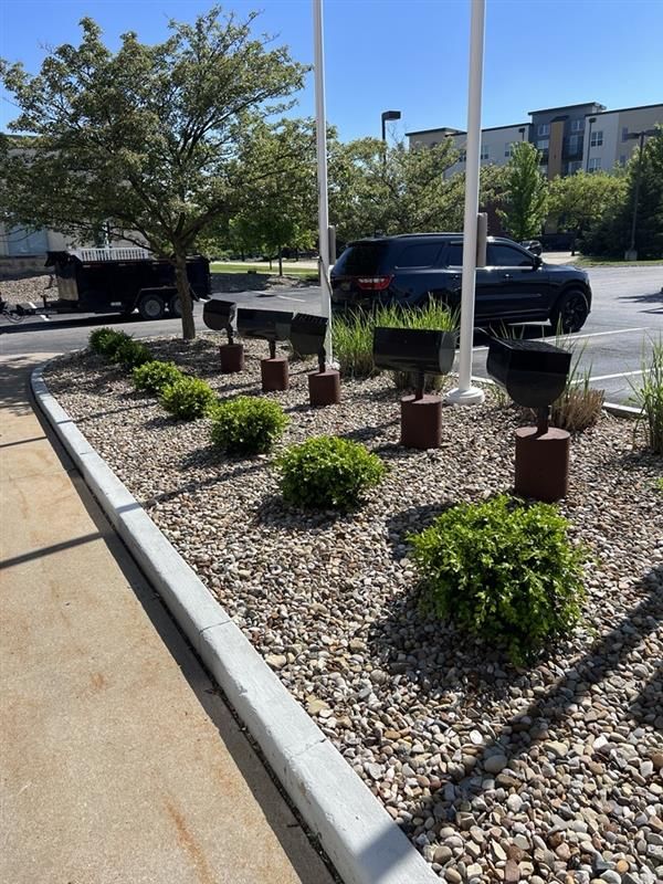 A row of bushes and rocks in a parking lot