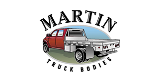 Martin Truck Bodies logo with red pickup truck and flatbed trailer on white background