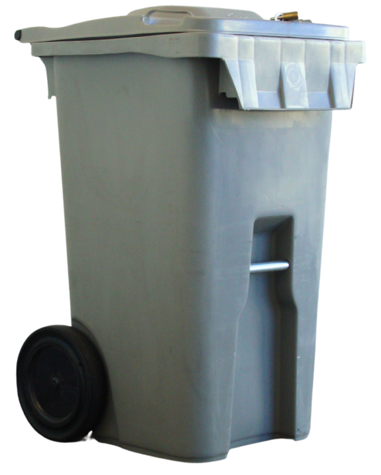 Gray wheeled trash can with a lid and handle.
