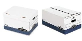 Two white and blue storage boxes with lids.