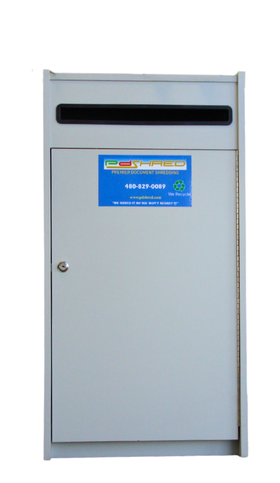 Gray metal drop box with slot, blue label, and hinged door with a lock.