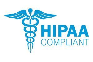 Blue HIPAA compliant logo with caduceus symbol.