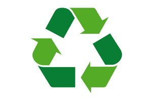 Recycling symbol: three green arrows in a triangle, indicating reusable materials.