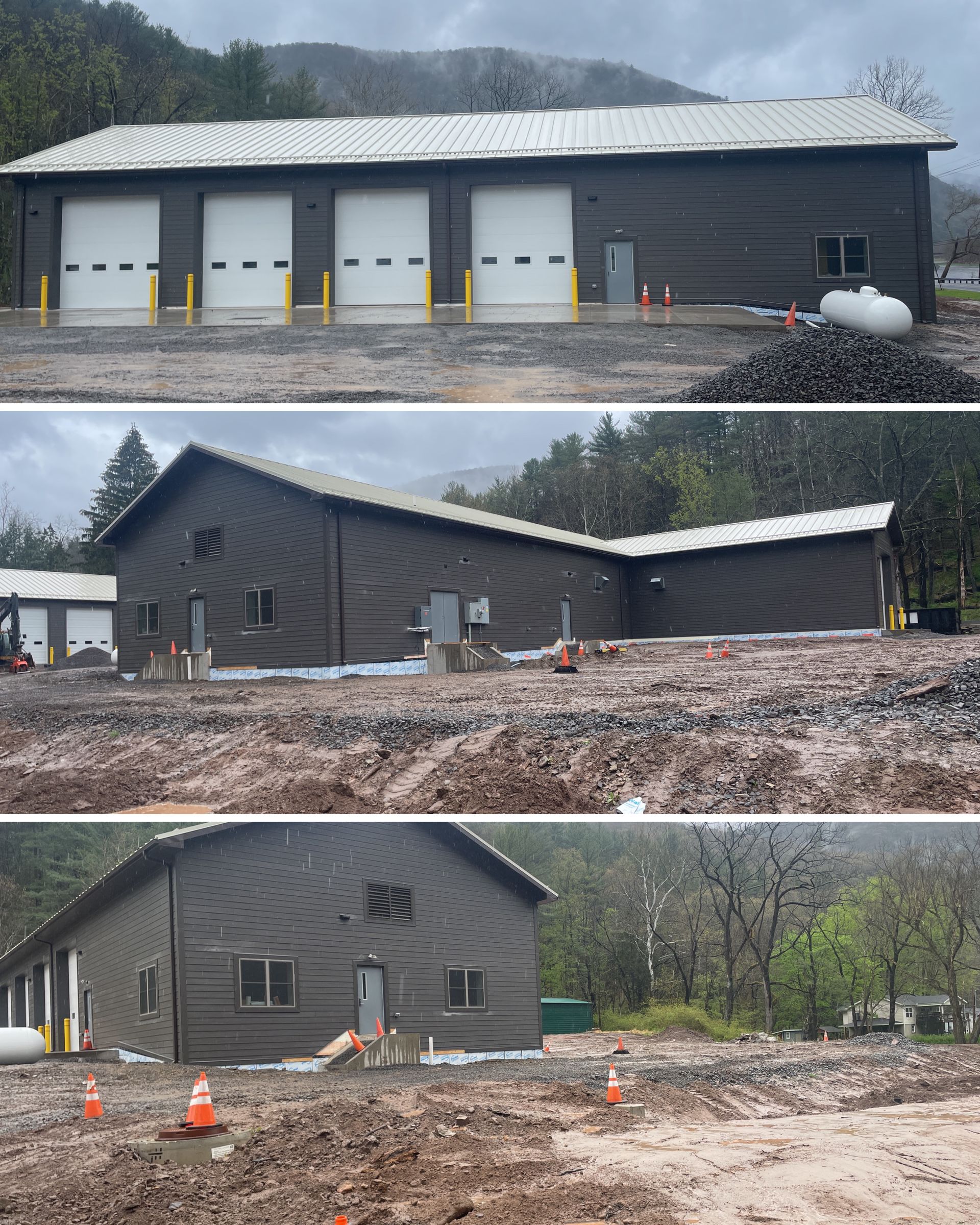 A collage of three pictures of a building under construction