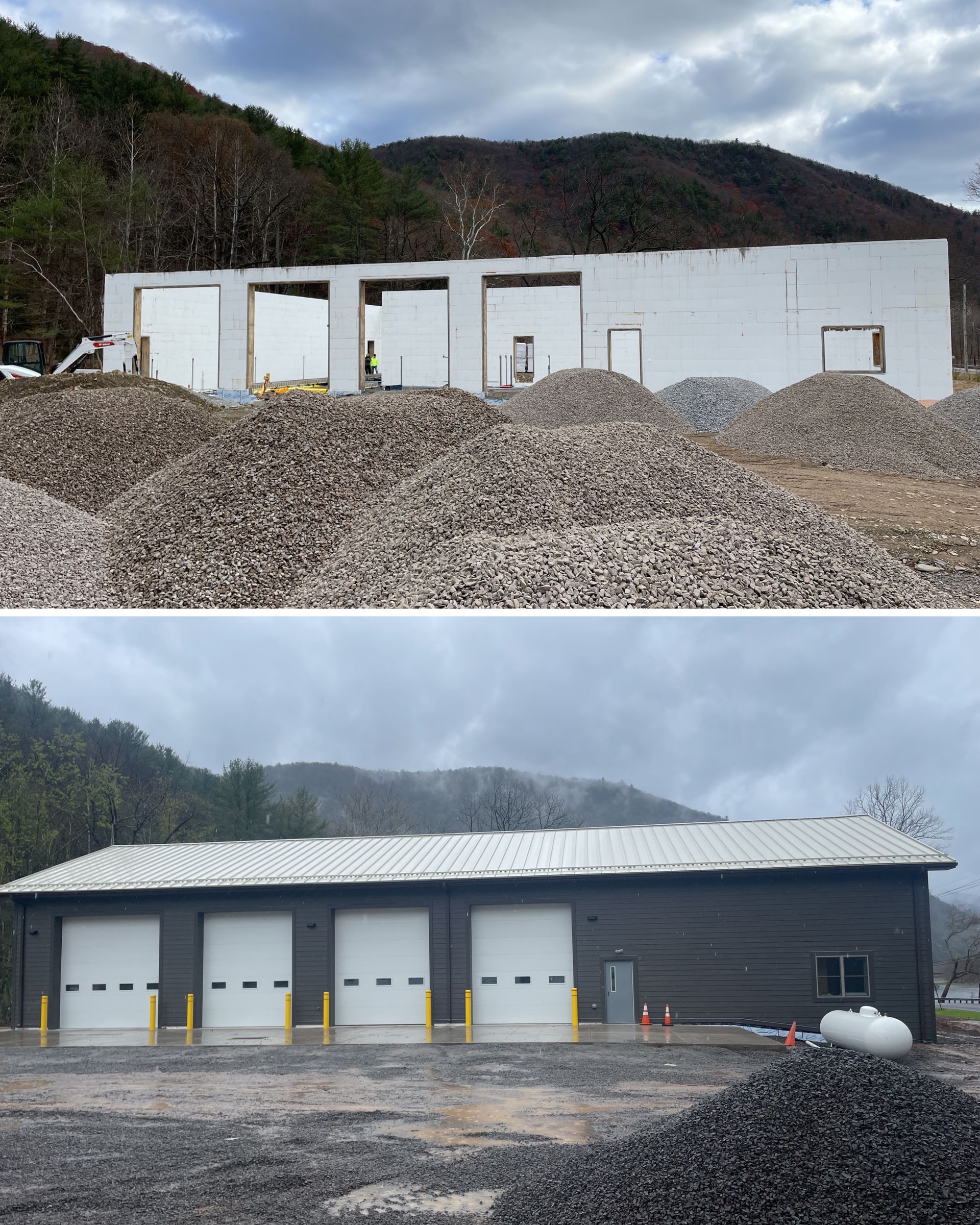 A before and after picture of a building under construction.