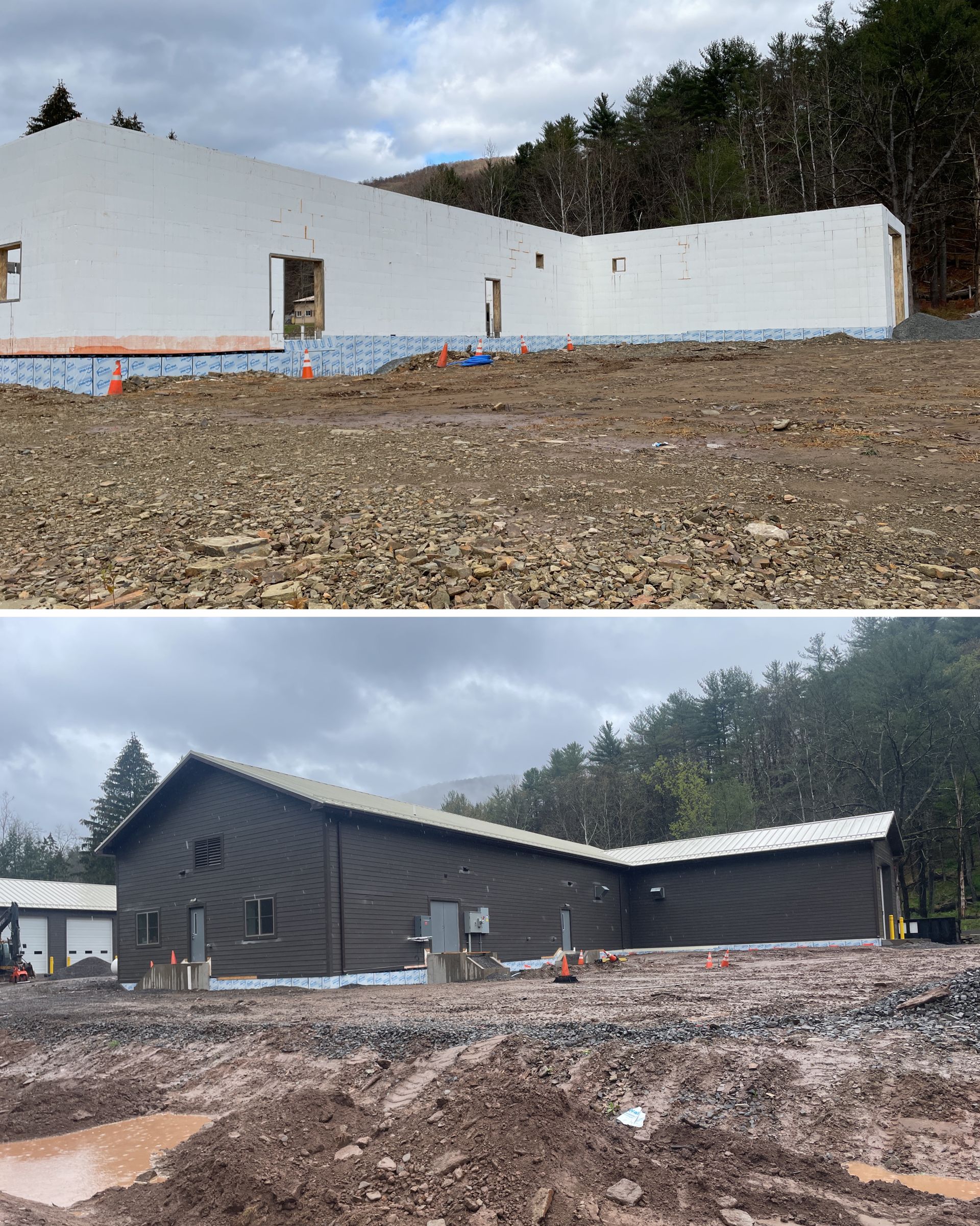 A before and after picture of a house under construction