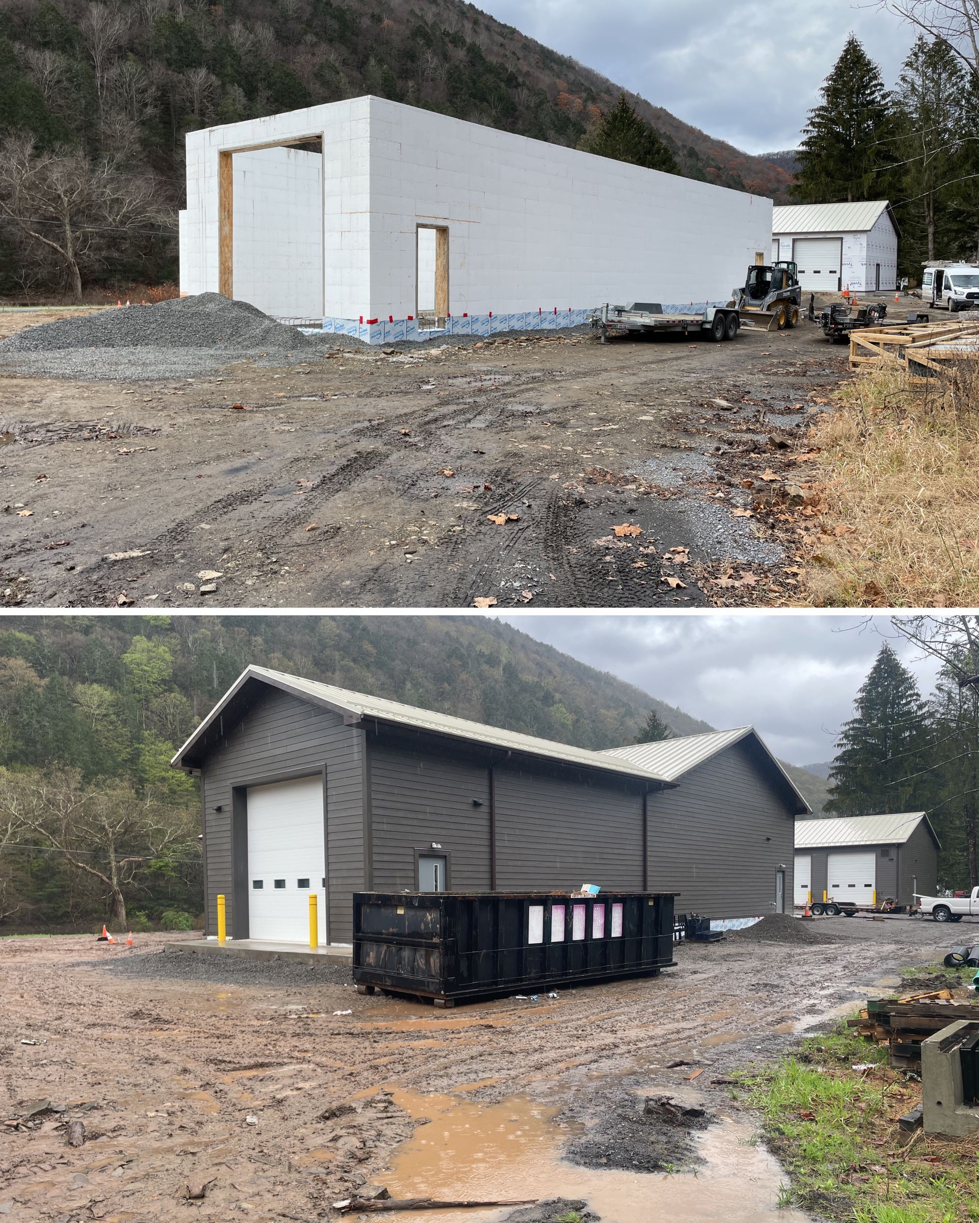 A before and after picture of a building under construction