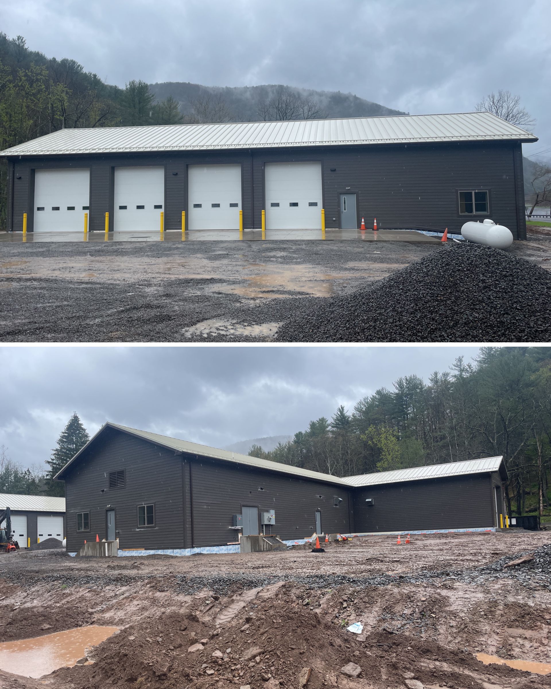 Two pictures of a building with a lot of dirt in front of it