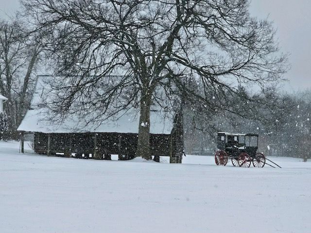 A horse drawn carriage is pulling a barn in the snow.