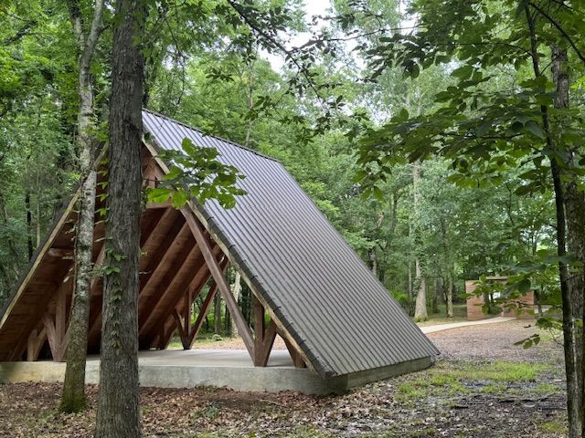 A small wooden structure with a metal roof in the middle of a forest.