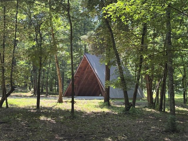 A tent is sitting in the middle of a forest surrounded by trees.