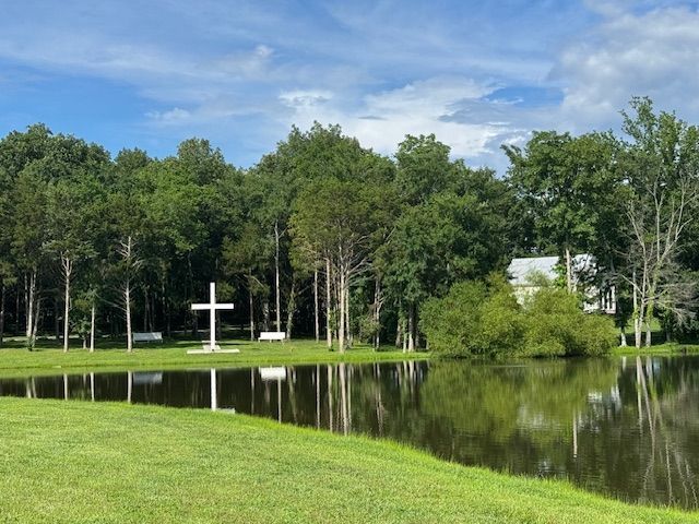 A white cross is in the middle of a lake surrounded by trees
