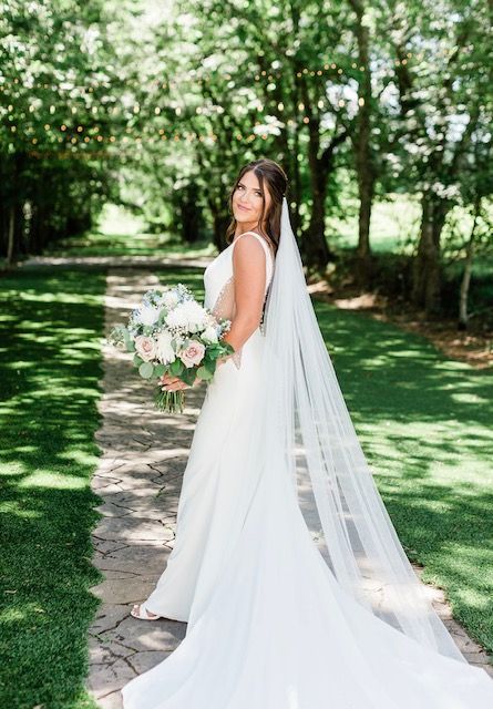 A bride in a white dress and veil is holding a bouquet of flowers.