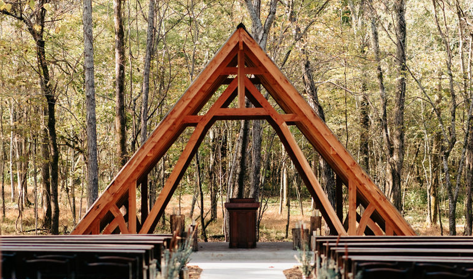 A wooden triangle shaped structure in the middle of a forest.