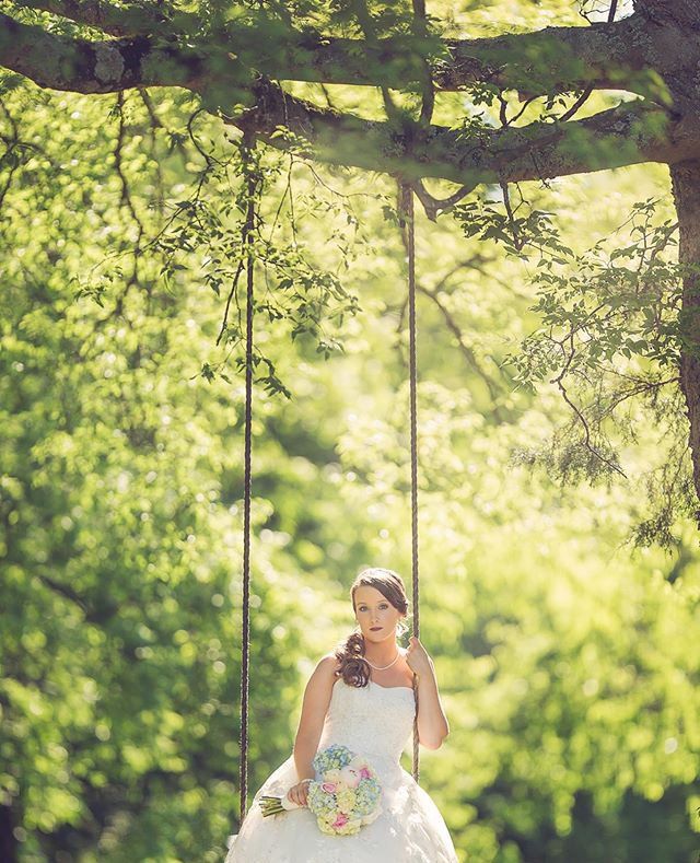 A bride in a wedding dress is sitting on a swing under a tree.