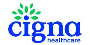 Cigna Healthcare logo with blue text and a green leaf design.