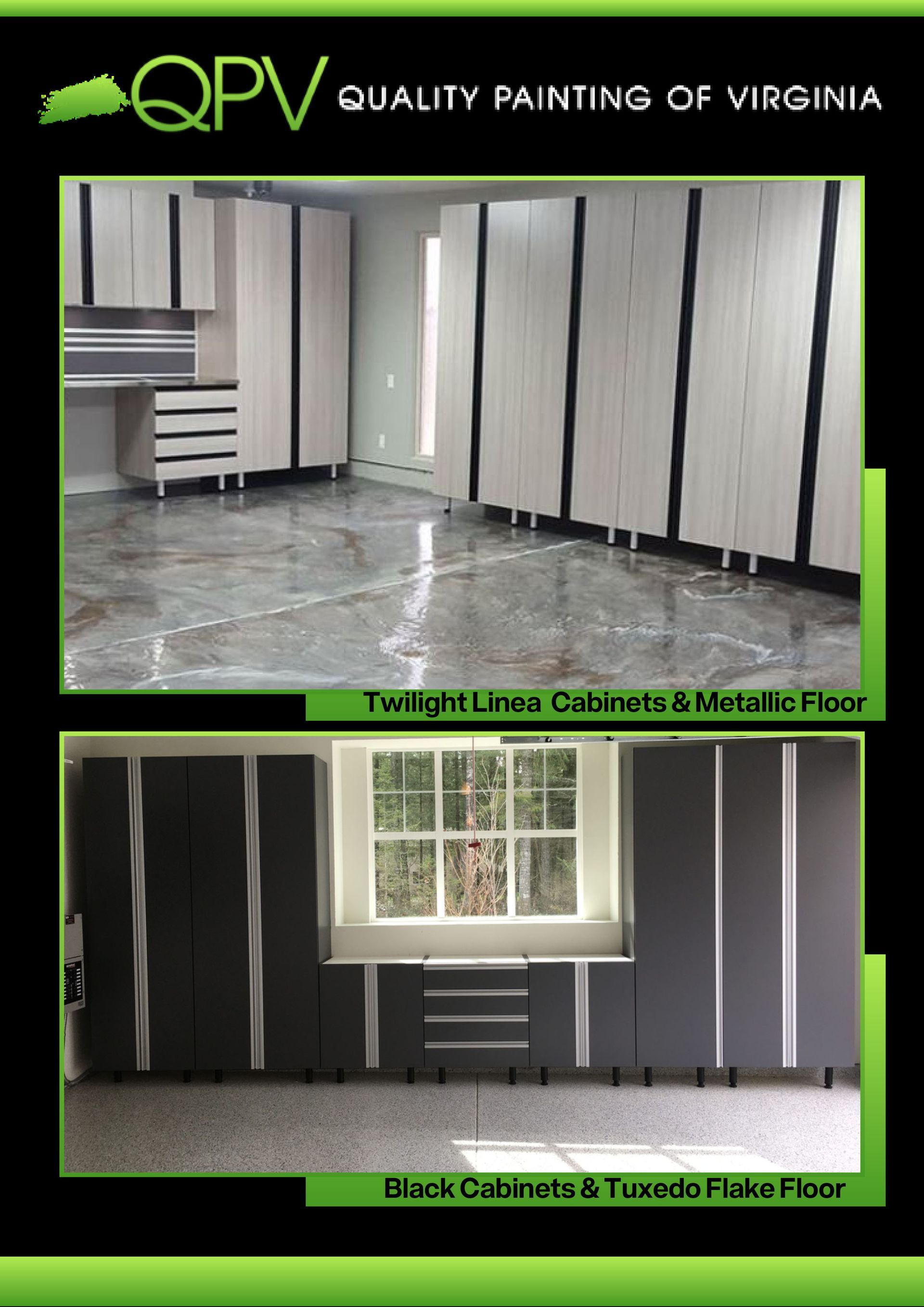 A poster for quality painting of virginia shows a garage with cabinets and a window