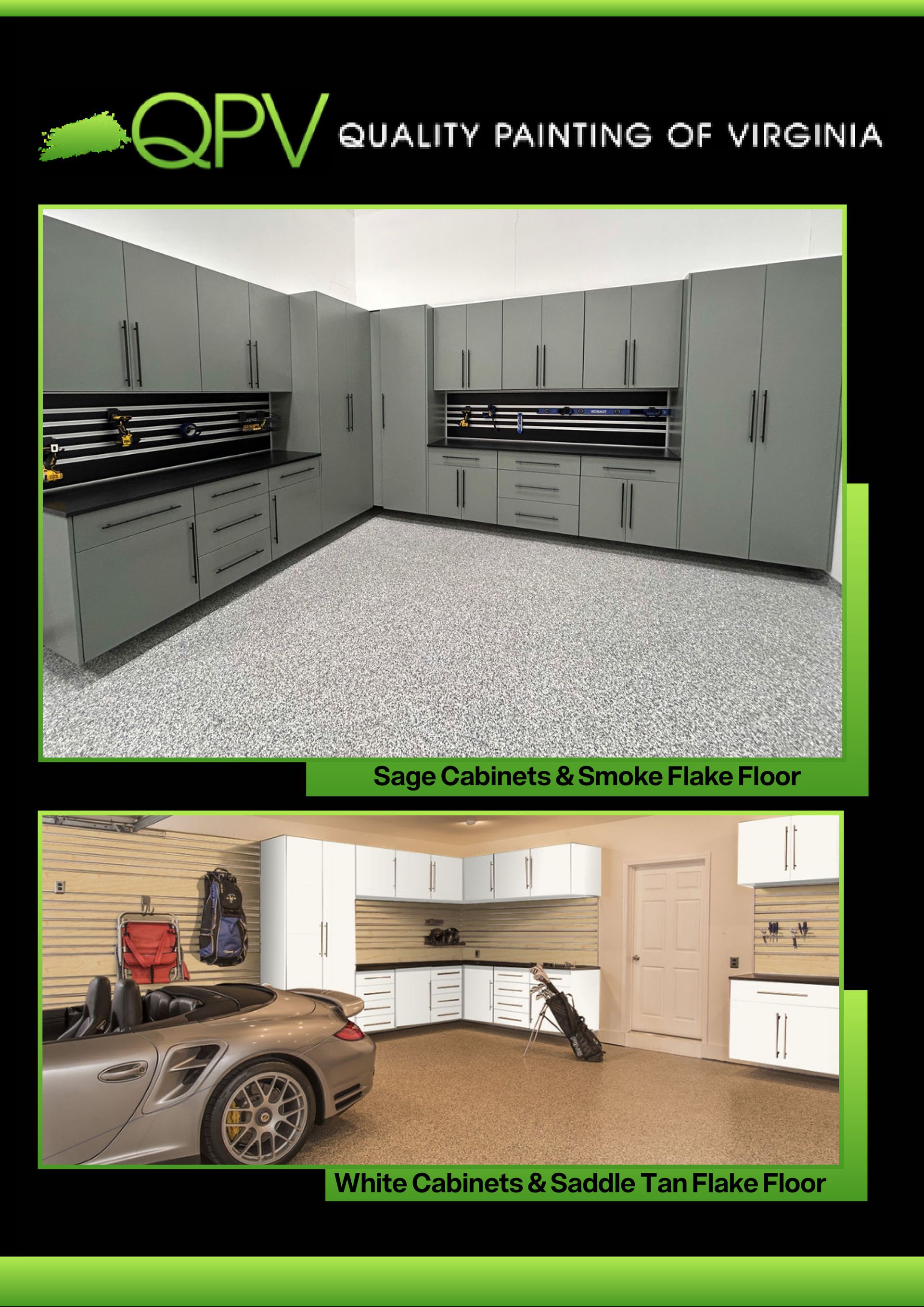 A picture of a kitchen and a picture of a car in a garage.
