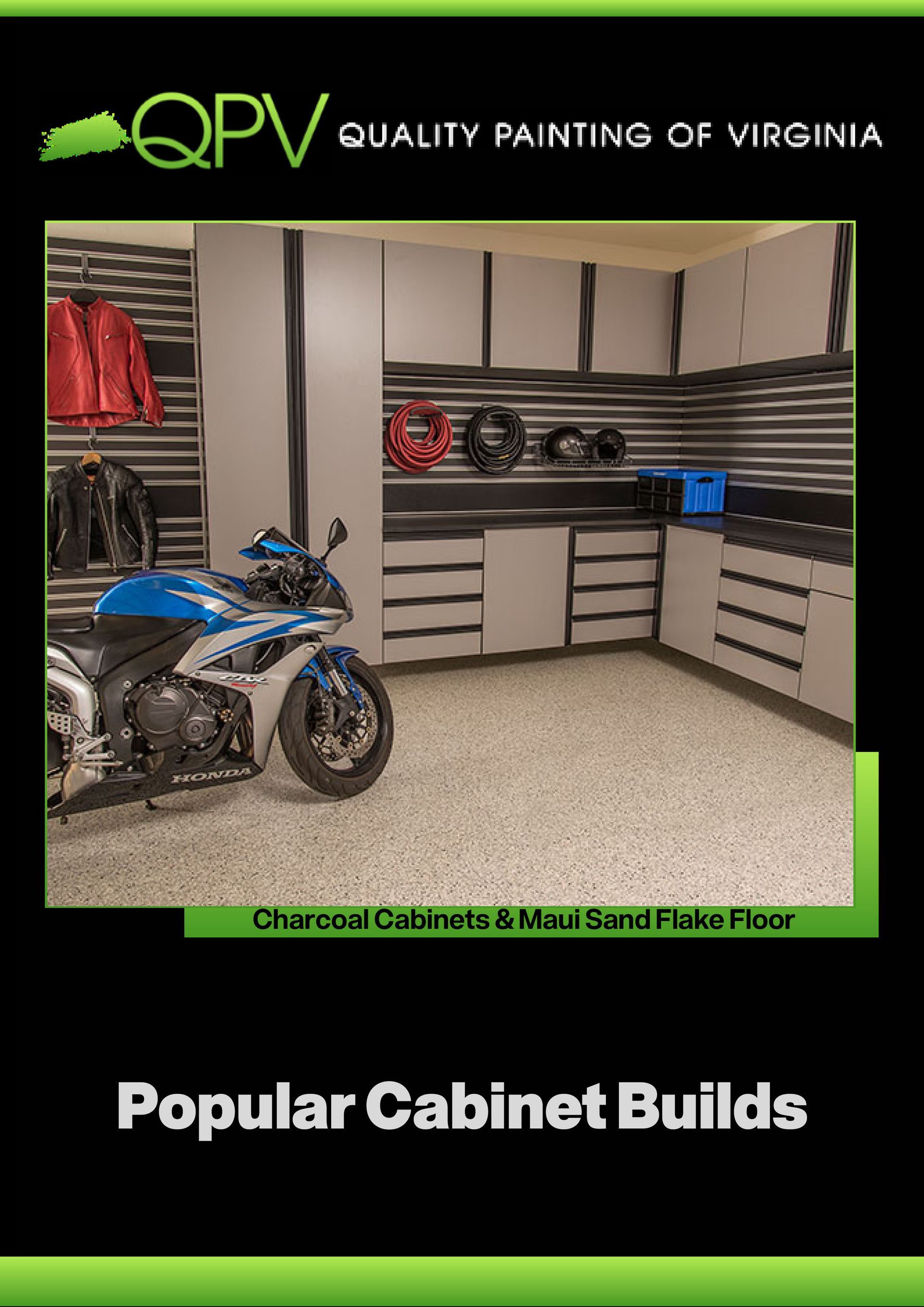 A motorcycle is parked in a garage with cabinets.