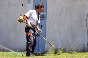 Man cutting grass with a grass trimmer