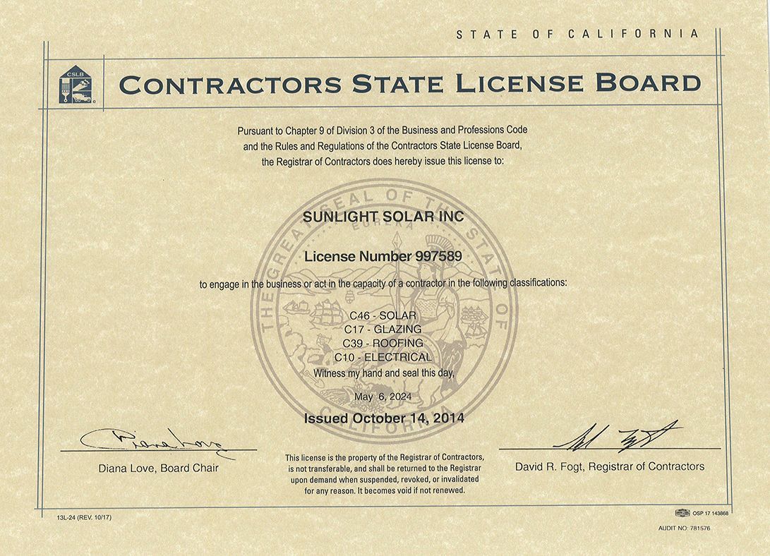 Scanned Contractors State License Board certificate on beige paper with official seal and signatures