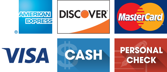 American Express, Discover, Mastercard, Visa, Cash, Personal Check