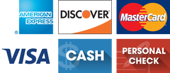 American Express, Discover, Mastercard, Visa, Cash, Personal Check