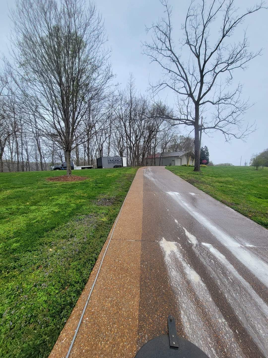 Wet park path with green grass and bare trees under a gray sky