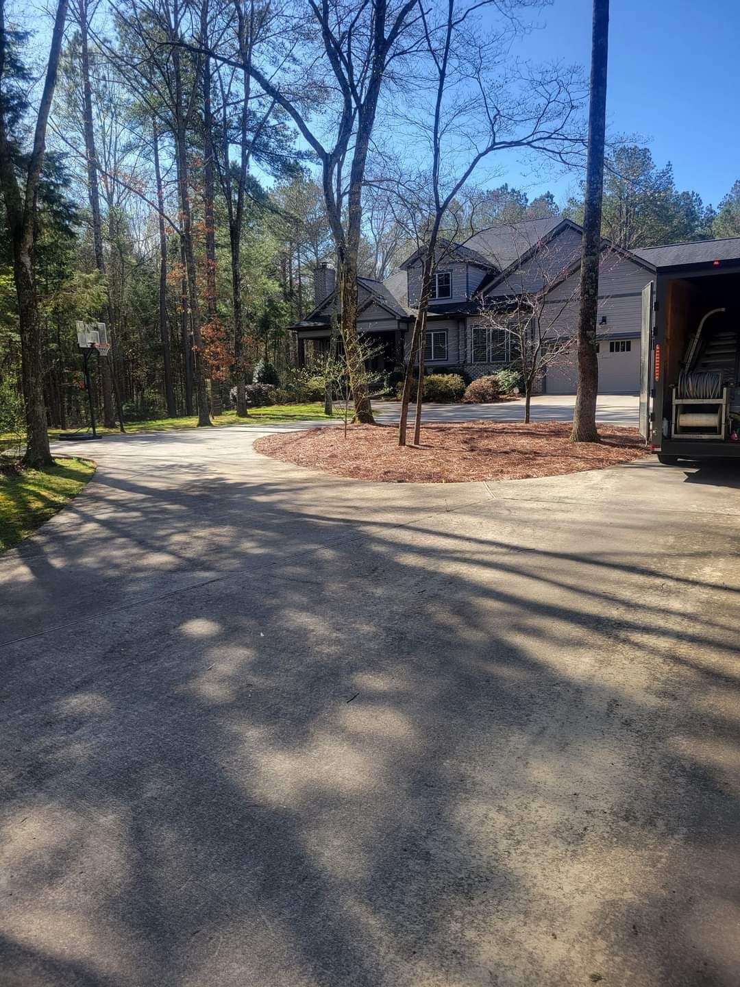 Driveway and front yard with a house, tall trees, and a parked vehicle in sunlight