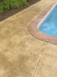 Concrete pool deck beside blue swimming pool with curved pink border and green shrubs nearby