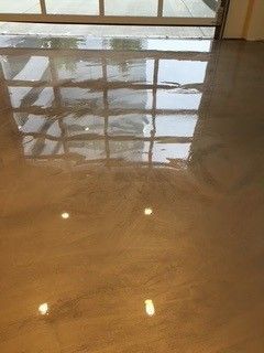 Glossy brown floor reflecting windows and ceiling lights in a bright indoor room