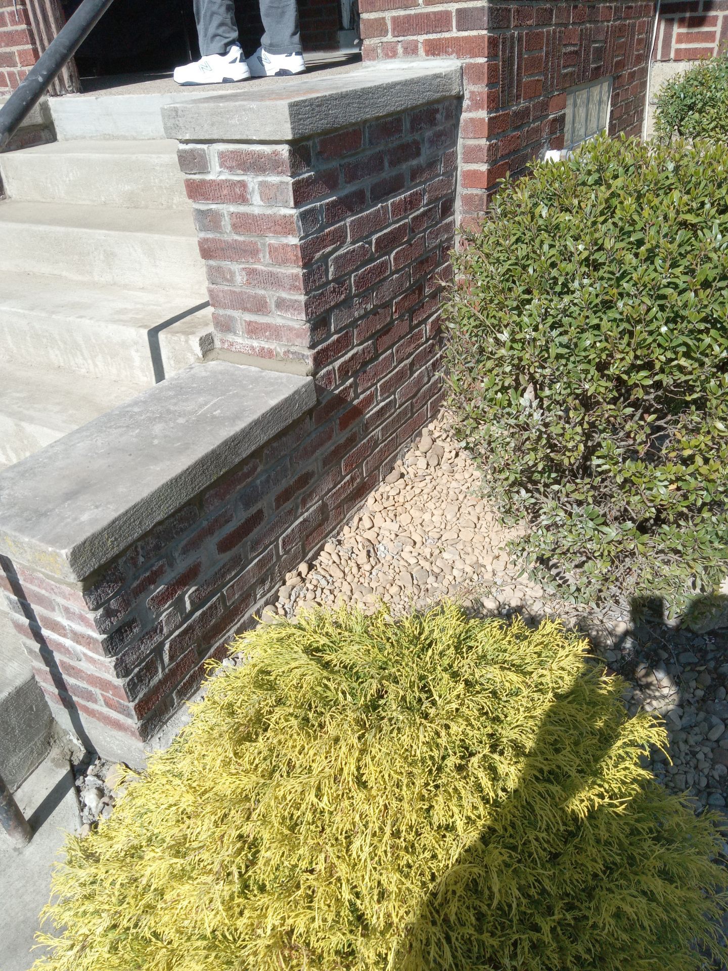 Brick porch wall beside concrete steps and a green shrub in front of a house