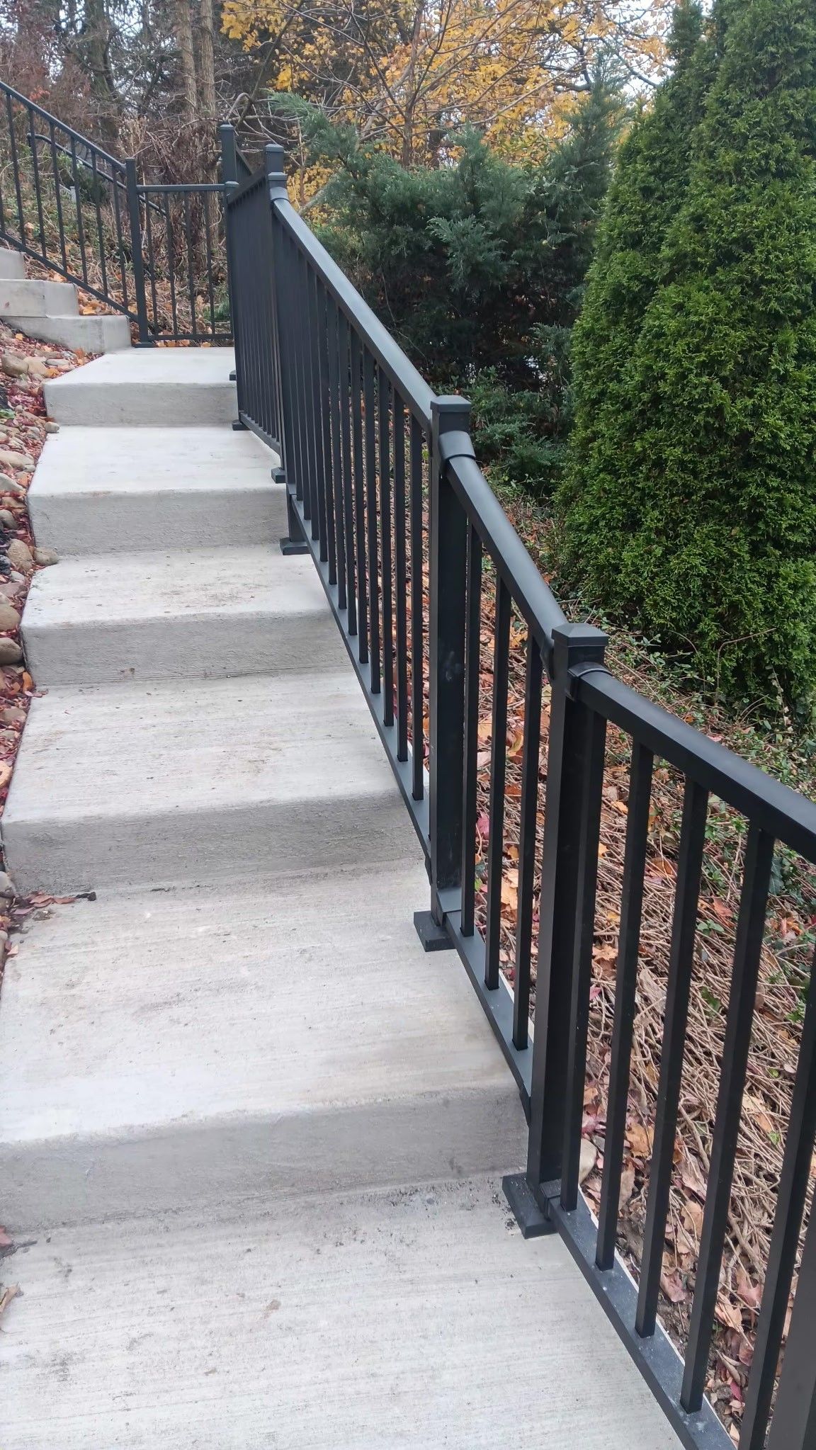Outdoor concrete stairs with a black metal railing along a wooded slope covered in fallen leaves