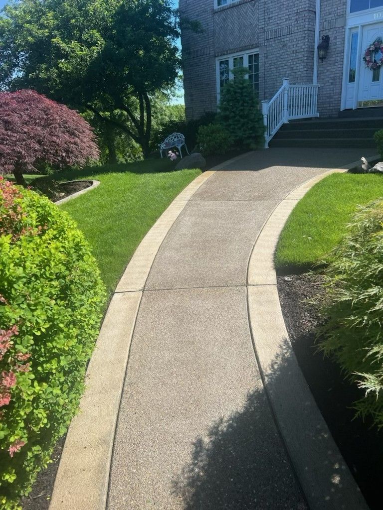 Curved concrete walkway leading to a brick house entrance, bordered by green shrubs and a flowering tree.