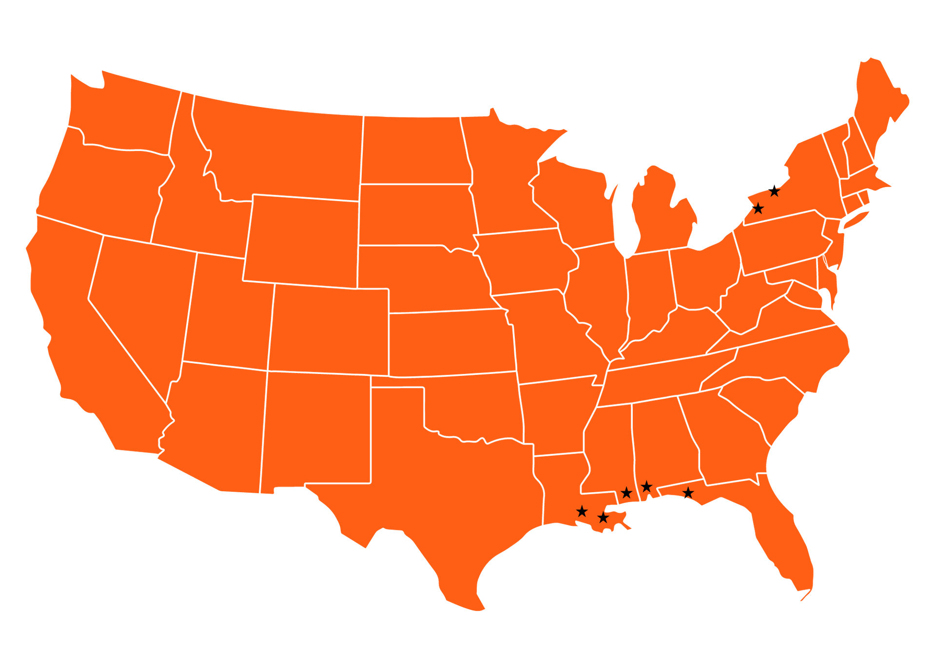 Orange map of the United States with state borders outlined in white.