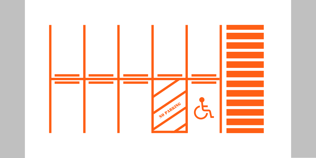 Orange accessibility diagram showing a fenced walkway, a wheelchair-accessible gate, and steps on the right