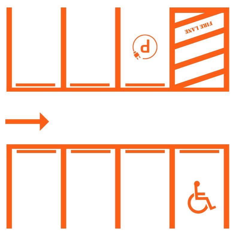 Orange parking layout with a reserved disabled parking space and accessible route arrow.