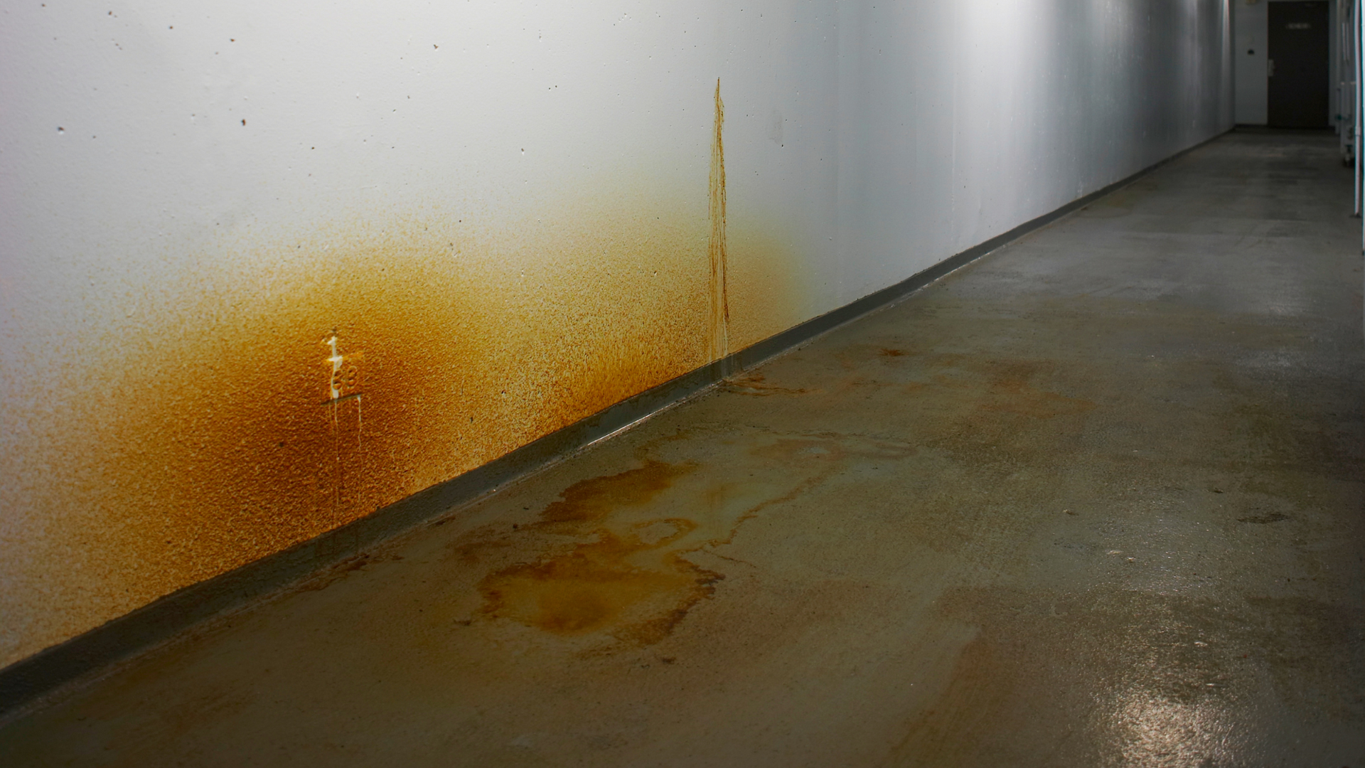 Wet concrete hallway with orange rust stains along a white wall and floor
