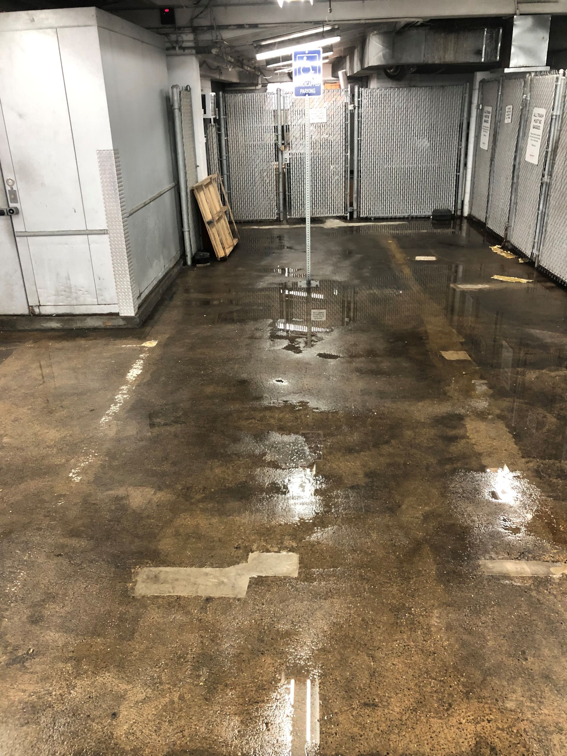 Wet concrete basement floor with puddles, white walls, and a closed metal door in the background