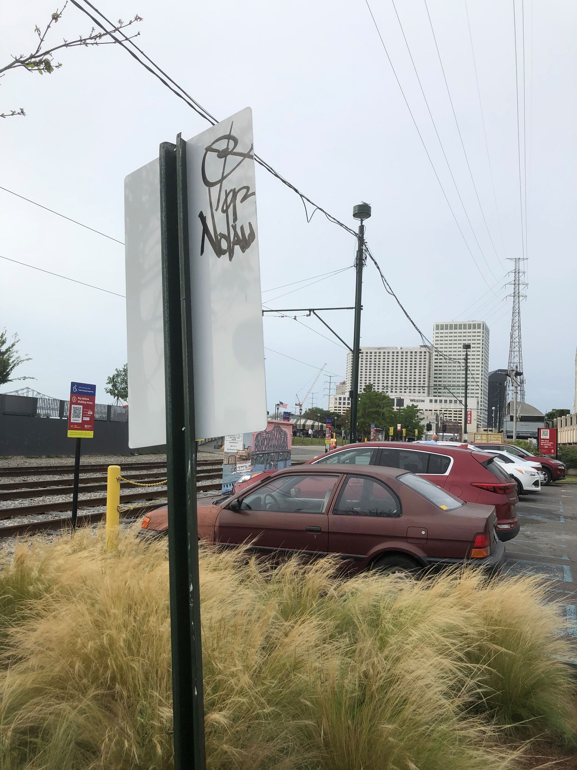 Street scene with parked cars, overcast sky, and a blank signpost in the foreground.