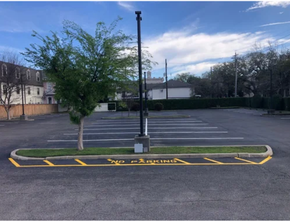 Empty parking lot with a small tree, lamppost, and painted curb markings under a cloudy sky